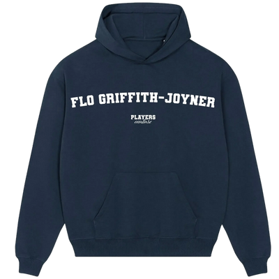 Florence Griffith-Joyner hoodie – navy men's hoodie with white Florence Griffith-Joyner letters and Players Couture logo on