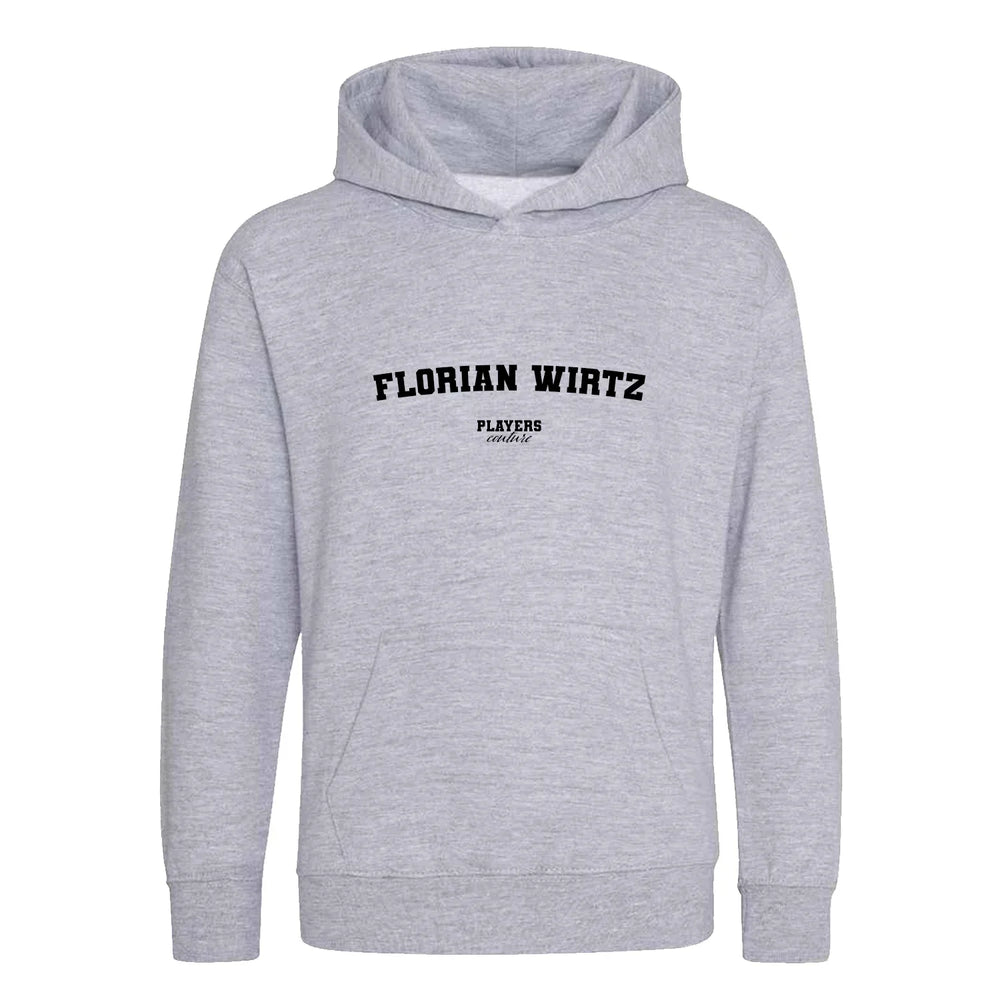 Florian Wirtz hoodie – grey kids' hoodie with black Florian Wirtz letters and Players Couture logo on the chest