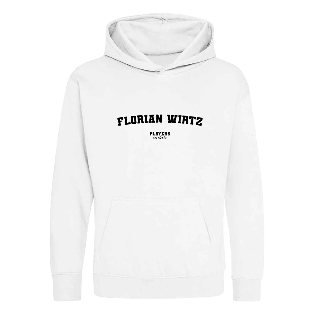 Florian Wirtz hoodie – white kids' hoodie with black Florian Wirtz letters and Players Couture logo on the chest