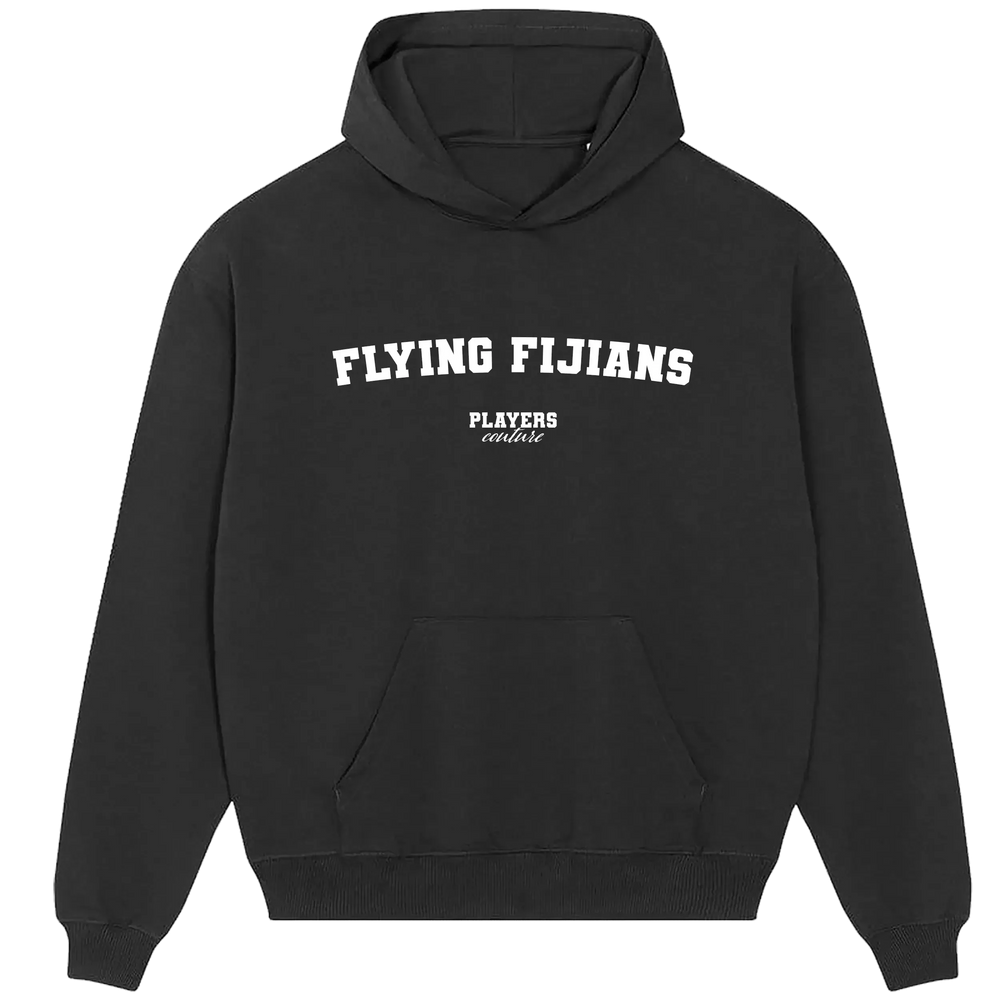 Flying Fijians hoodie – black men's hoodie with white Flying Fijians letters and Players Couture logo on the chest