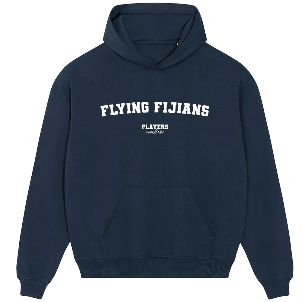 Flying Fijians hoodie – navy men's hoodie with white Flying Fijians letters and Players Couture logo on the chest
