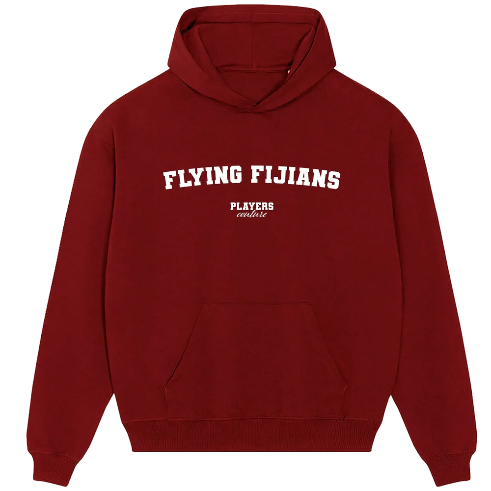 Flying Fijians hoodie – red men's hoodie with white Flying Fijians letters and Players Couture logo on the chest