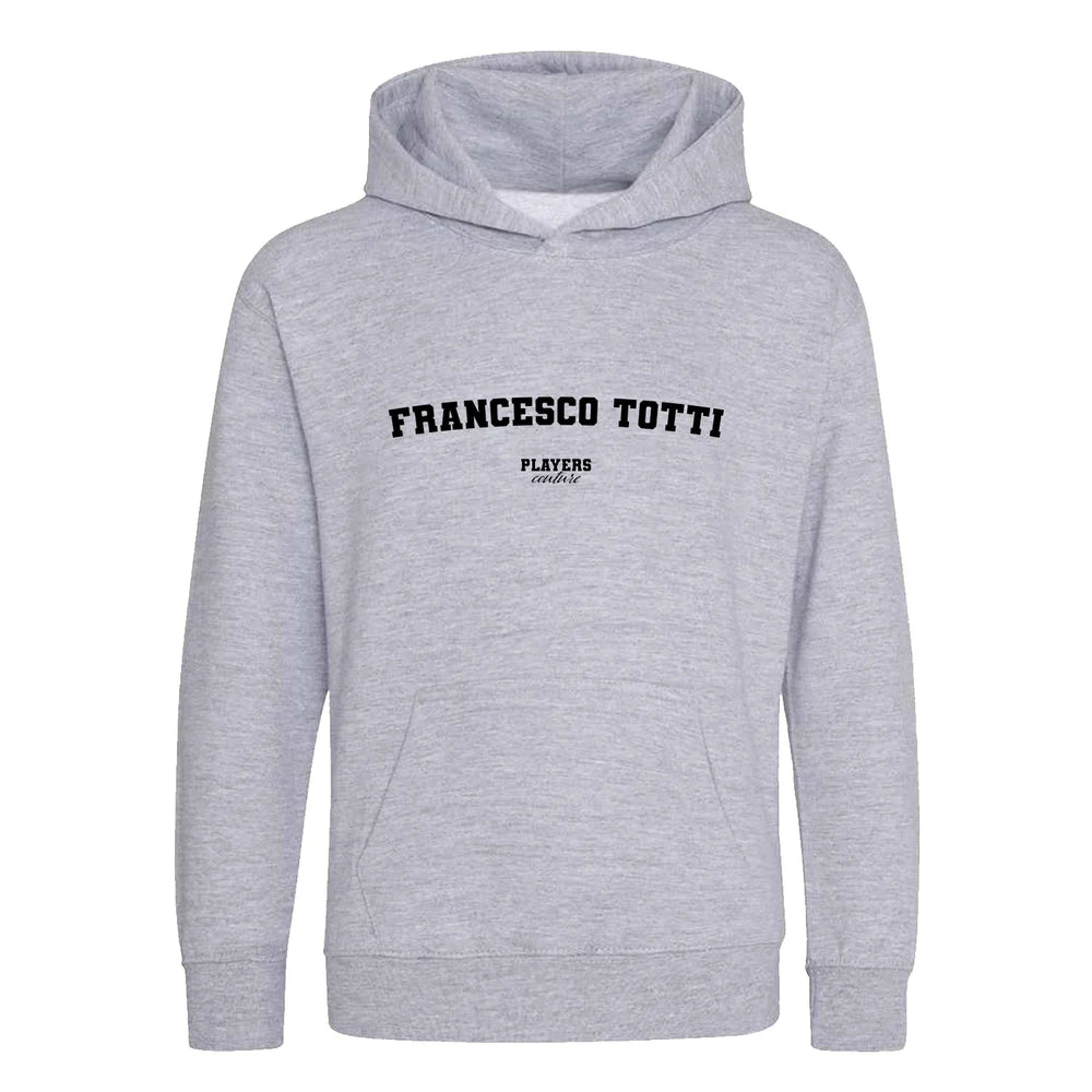 Francesco Totti hoodie – grey kids' hoodie with black Francesco Totti letters and Players Couture logo on the chest