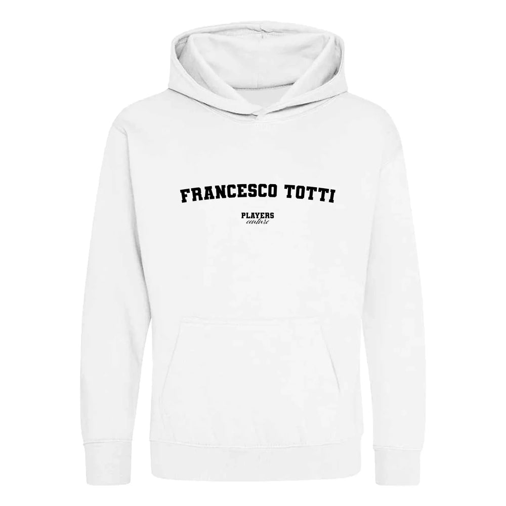 Francesco Totti hoodie – white kids' hoodie with black Francesco Totti letters and Players Couture logo on the chest