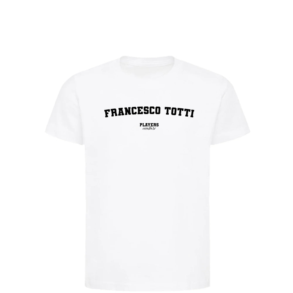 Francesco Totti t-shirt – white kids' t-shirt with black Francesco Totti letters and Players Couture logo on the chest
