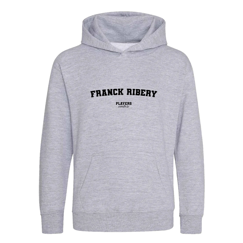 Franck Ribery hoodie – grey kids' hoodie with black Franck Ribery letters and Players Couture logo on the chest