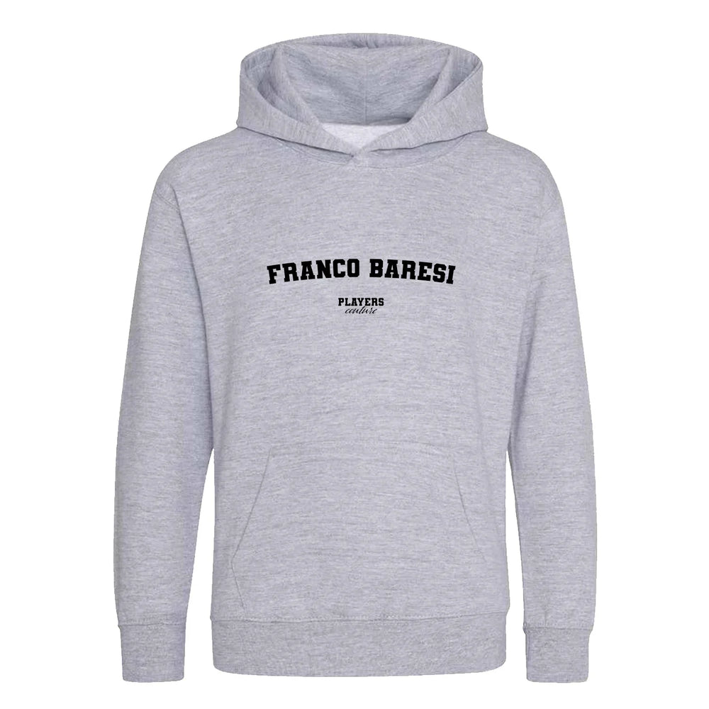 Franco Baresi hoodie – grey kids' hoodie with black Franco Baresi letters and Players Couture logo on the chest