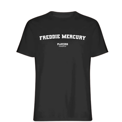 Freddie Mercury t-shirt – black men's t-shirt with white Freddie Mercury letters and Players Couture logo on the chest