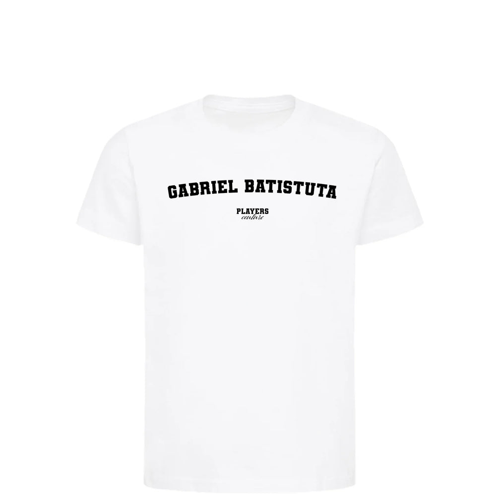 Gabriel Batistuta t-shirt – white kids' t-shirt with black Gabriel Batistuta letters and Players Couture logo on the chest