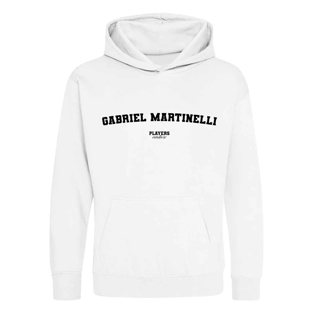 Gabriel Martinelli hoodie – white kids' hoodie with black Gabriel Martinelli letters and Players Couture logo on the chest