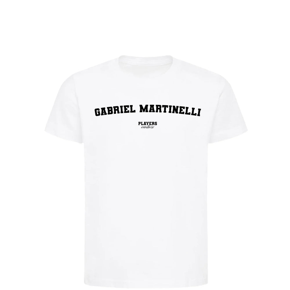 Gabriel Martinelli t-shirt – white kids' t-shirt with black Gabriel Martinelli letters and Players Couture logo on the chest