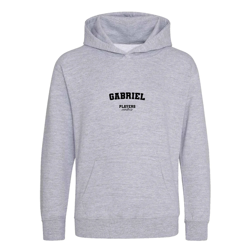 Gabriel hoodie – grey kids' hoodie with black Gabriel letters and Players Couture logo on the chest