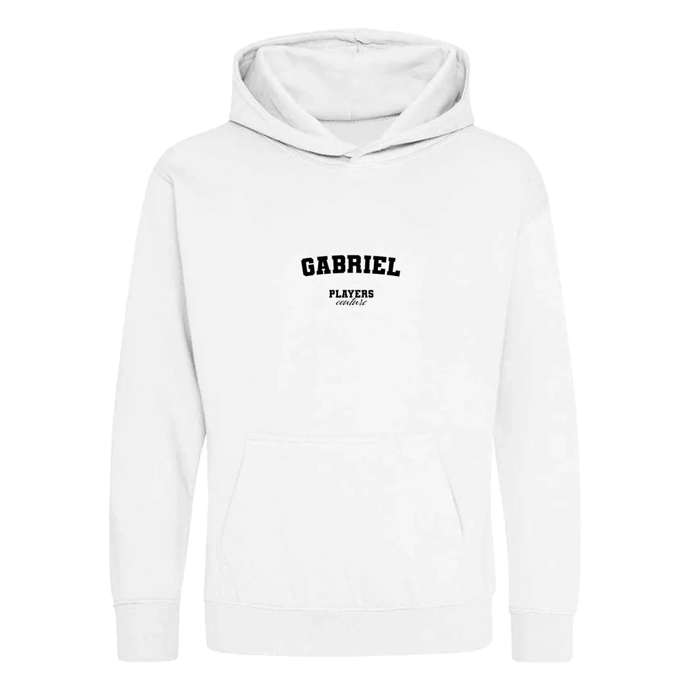 Gabriel hoodie – white kids' hoodie with black Gabriel letters and Players Couture logo on the chest