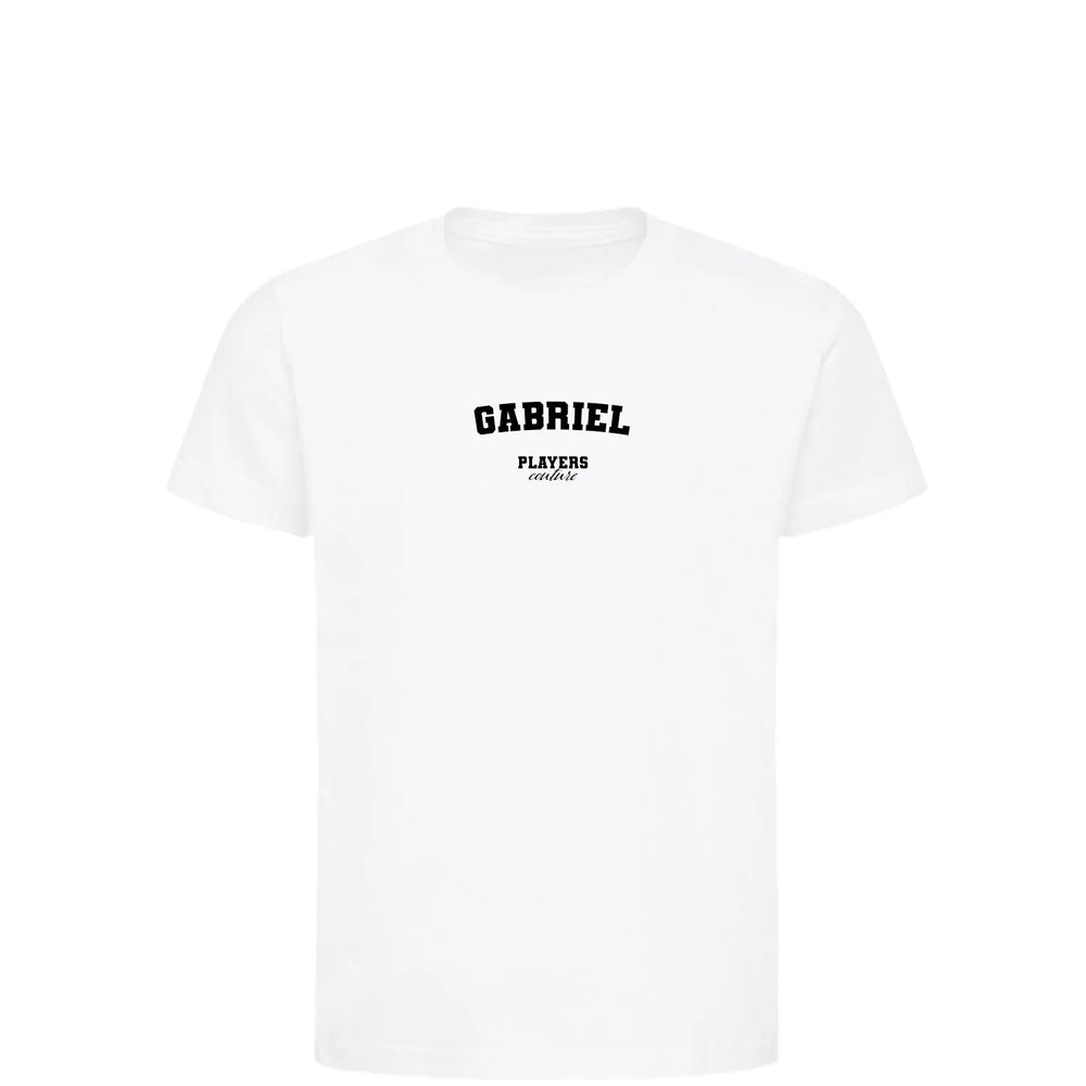 Gabriel t-shirt – white kids' t-shirt with black Gabriel letters and Players Couture logo on the chest