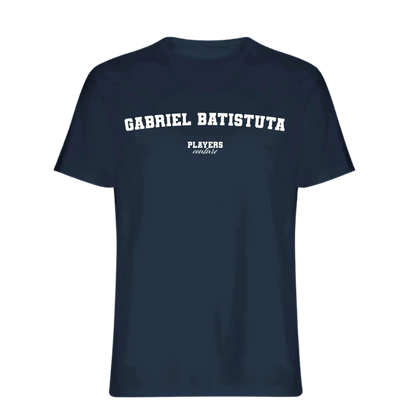 Gabriel Batistuta t-shirt – navy men's t-shirt with white Gabriel Batistuta letters and Players Couture logo on the chest