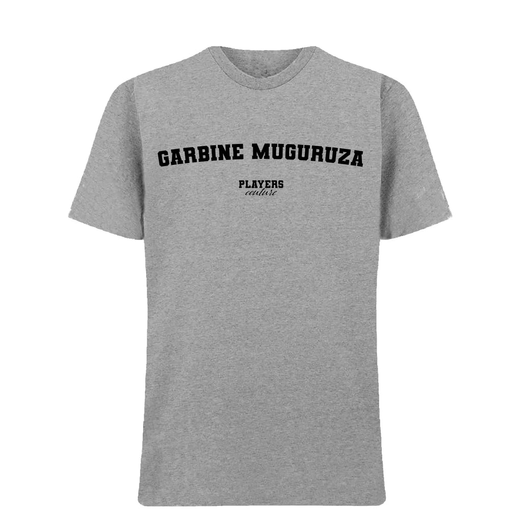 Garbine Muguruza t-shirt – grey men's t-shirt with black Garbine Muguruza letters and Players Couture logo on the chest