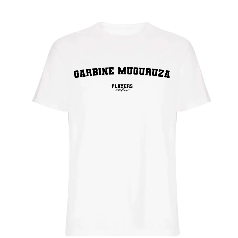 Garbine Muguruza t-shirt – white men's t-shirt with black Garbine Muguruza letters and Players Couture logo on the chest