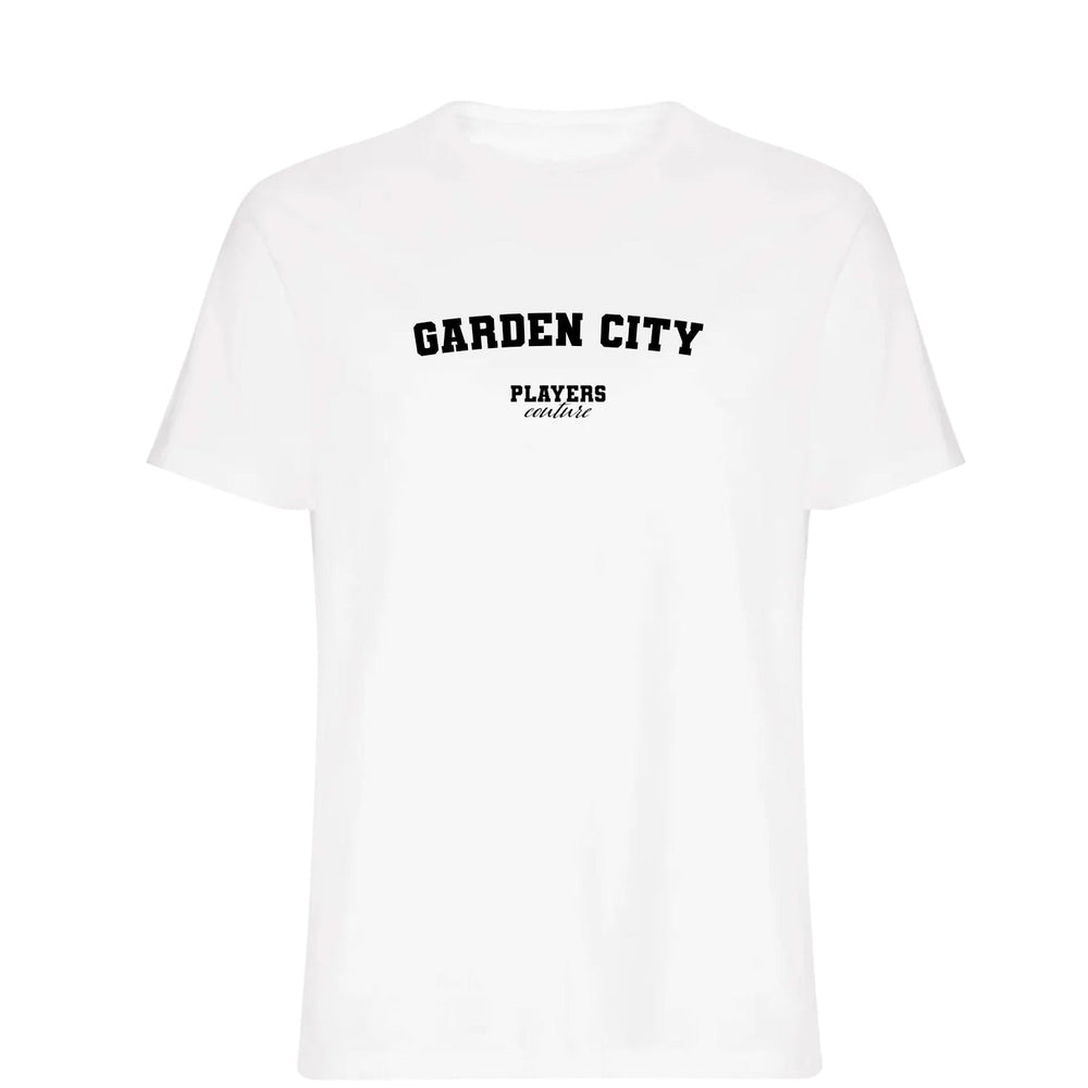 Garden City men's T-shirt in white with bold name lettering