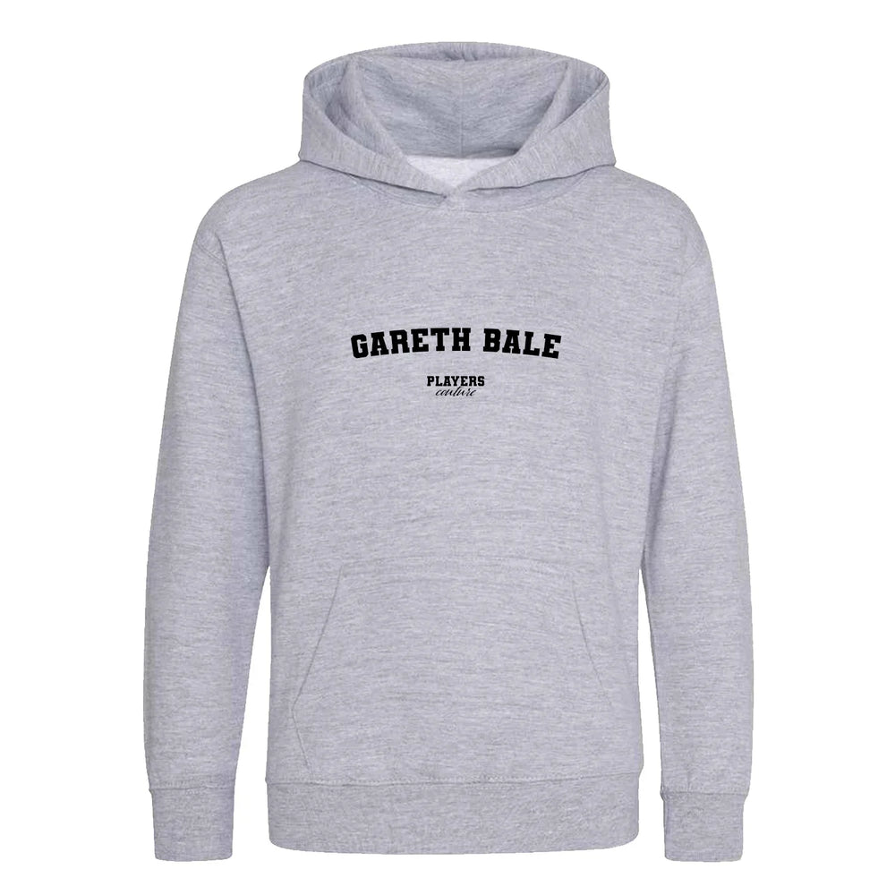 Gareth Bale hoodie – grey kids' hoodie with black Gareth Bale letters and Players Couture logo on the chest