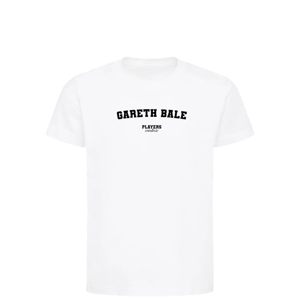 Gareth Bale t-shirt – white kids' t-shirt with black Gareth Bale letters and Players Couture logo on the chest