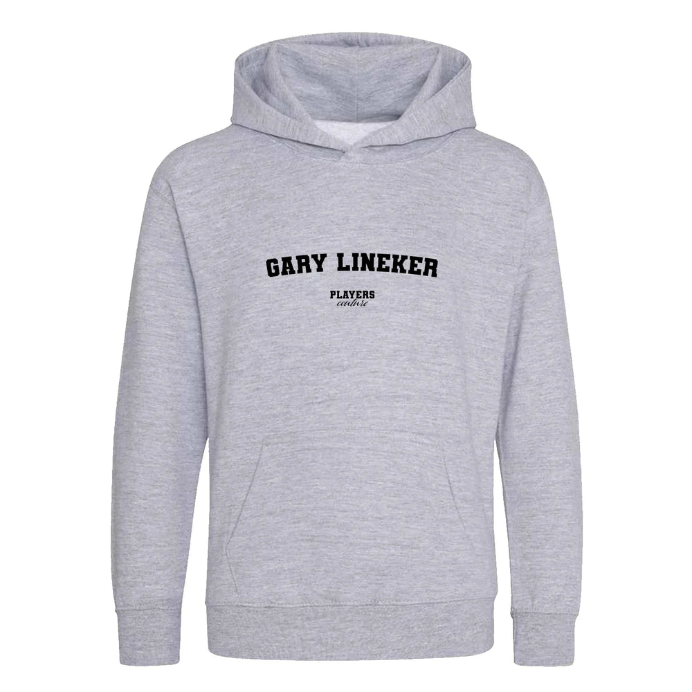 Gary Lineker hoodie – grey kids' hoodie with black Gary Lineker letters and Players Couture logo on the chest