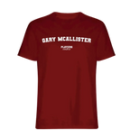 Gary McAllister t-shirt – red men's t-shirt with white Gary McAllister letters and Players Couture logo on the chest