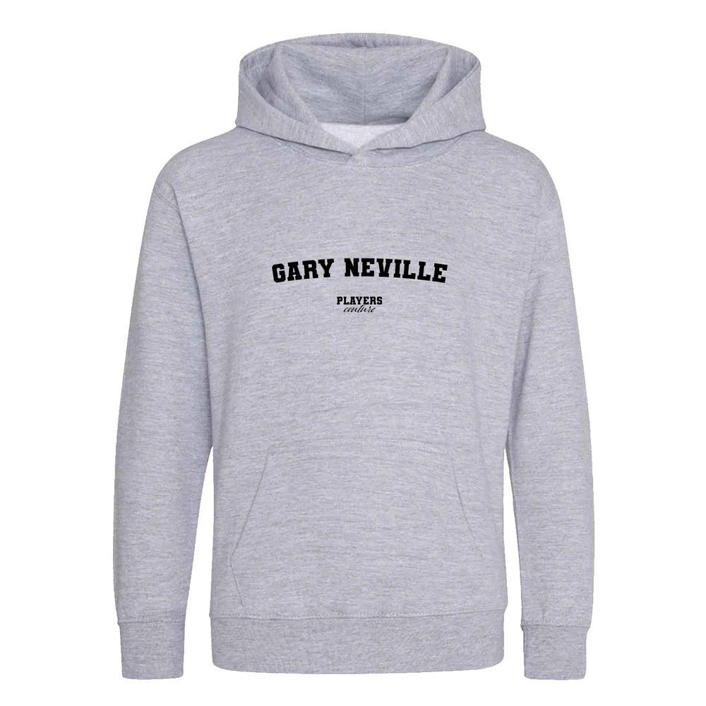 Gary Neville hoodie – grey kids' hoodie with black Gary Neville letters and Players Couture logo on the chest