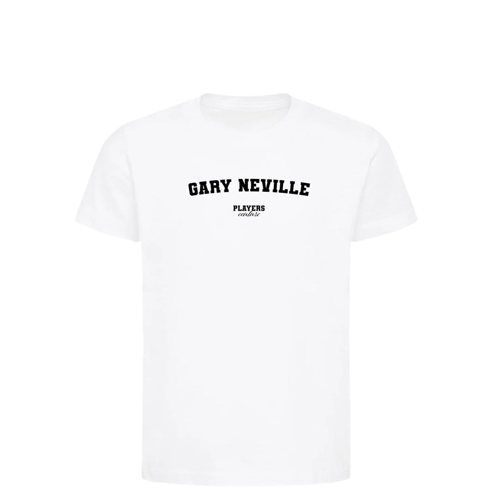 Gary Neville t-shirt – white kids' t-shirt with black Gary Neville letters and Players Couture logo on the chest