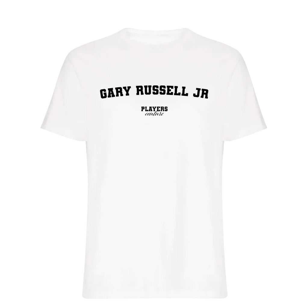 Gary Russell Jr. men's T-shirt in white with bold name lettering