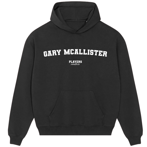 Gary McAllister hoodie – black men's hoodie with white Gary McAllister letters and Players Couture logo on the chest