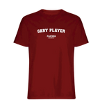 Gary Player t-shirt – red men's t-shirt with white Gary Player letters and Players Couture logo on the chest