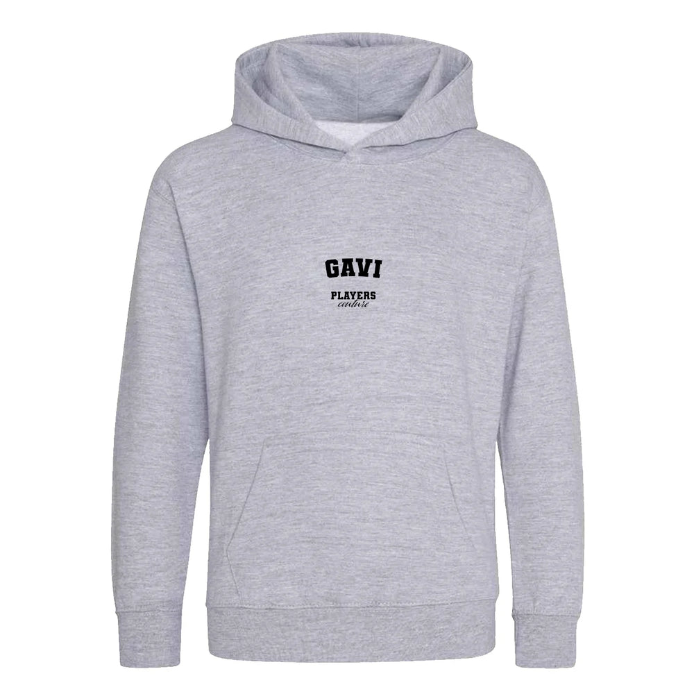 Gavi hoodie – grey kids' hoodie with black Gavi letters and Players Couture logo on the chest