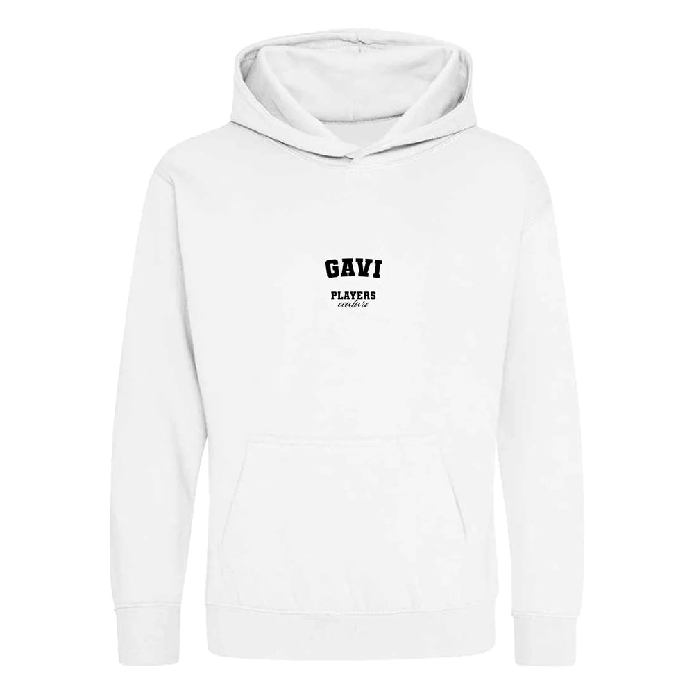 Gavi hoodie – white kids' hoodie with black Gavi letters and Players Couture logo on the chest