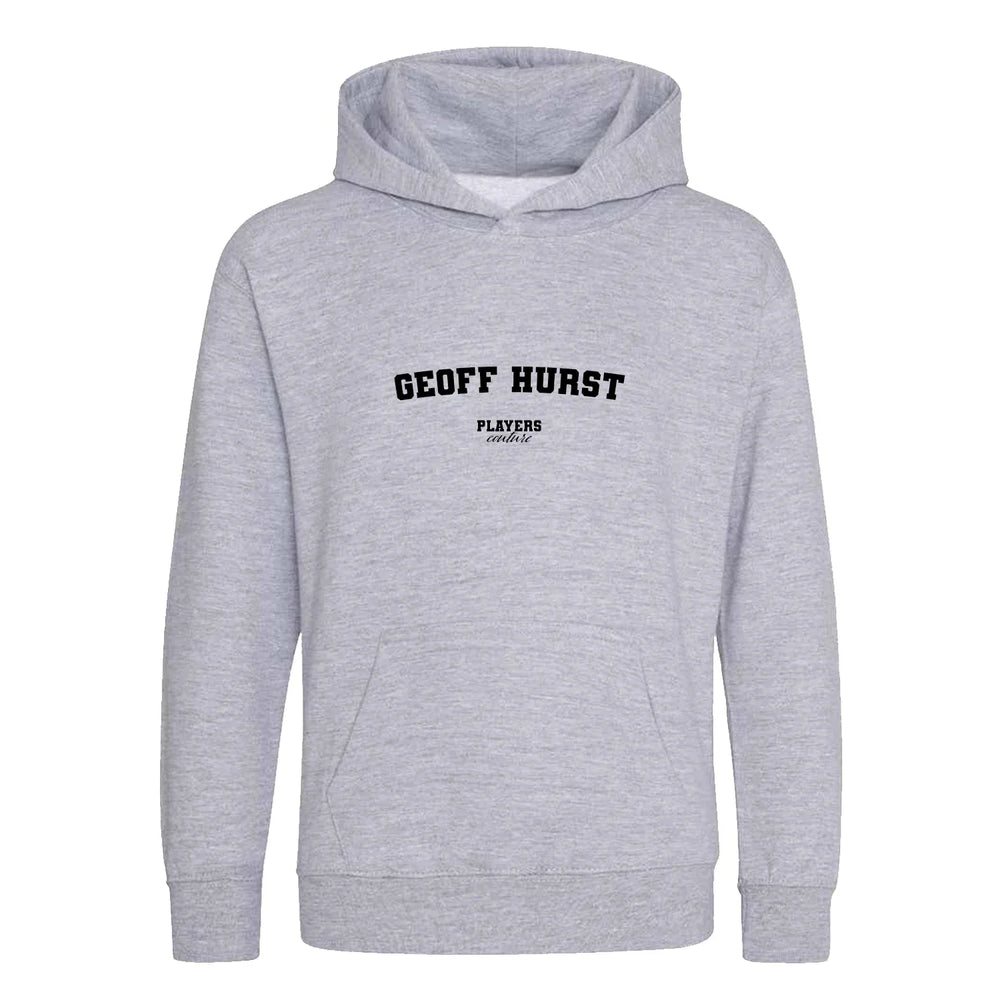 Geoff Hurst hoodie – grey kids' hoodie with black Geoff Hurst letters and Players Couture logo on the chest