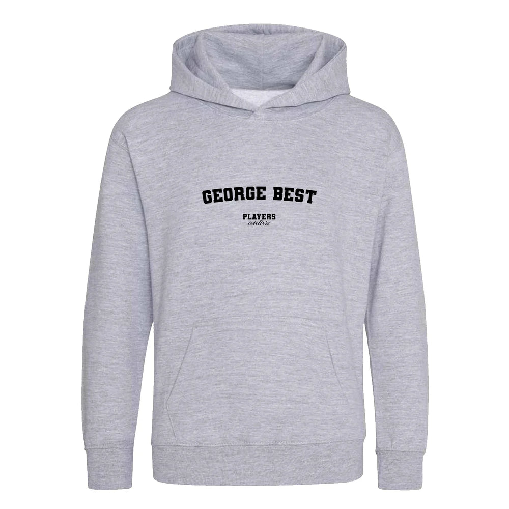 George Best hoodie – grey kids' hoodie with black George Best letters and Players Couture logo on the chest