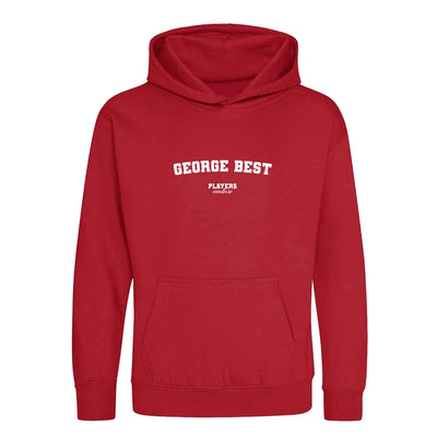 George Best hoodie – red kids' hoodie with white George Best letters and Players Couture logo on the chest