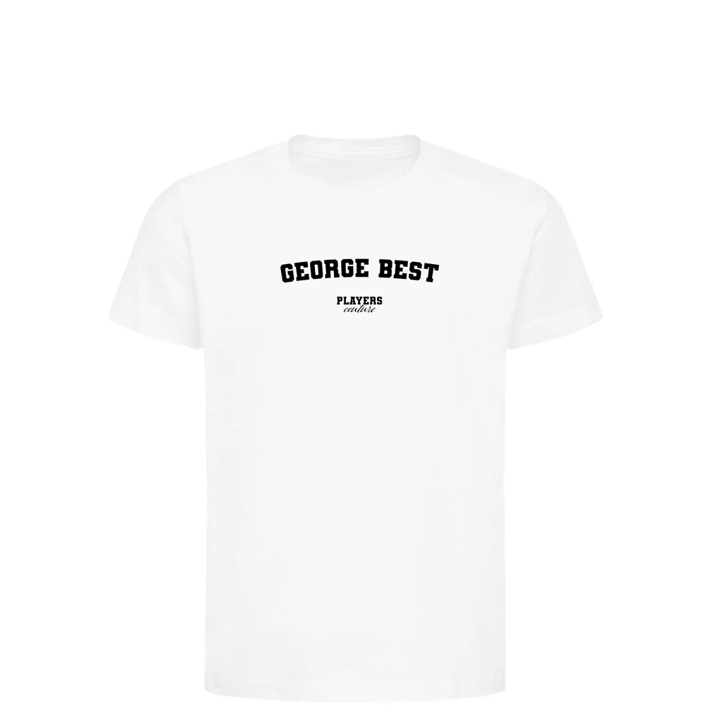 George Best t-shirt – white kids' t-shirt with black George Best letters and Players Couture logo on the chest