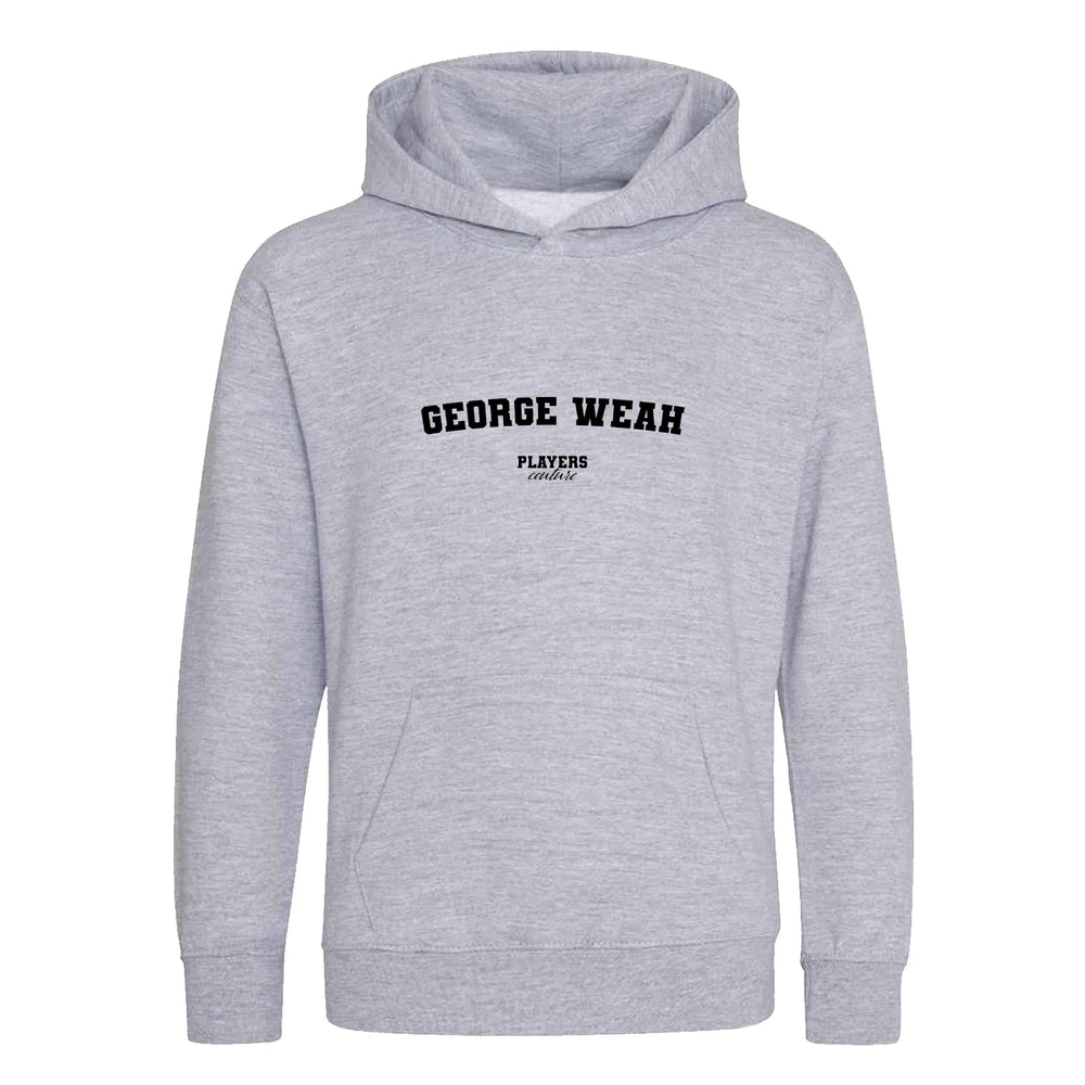 George Weah hoodie – grey kids' hoodie with black George Weah letters and Players Couture logo on the chest