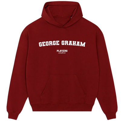 George Graham hoodie – red men's hoodie with white George Graham letters and Players Couture logo on the chest