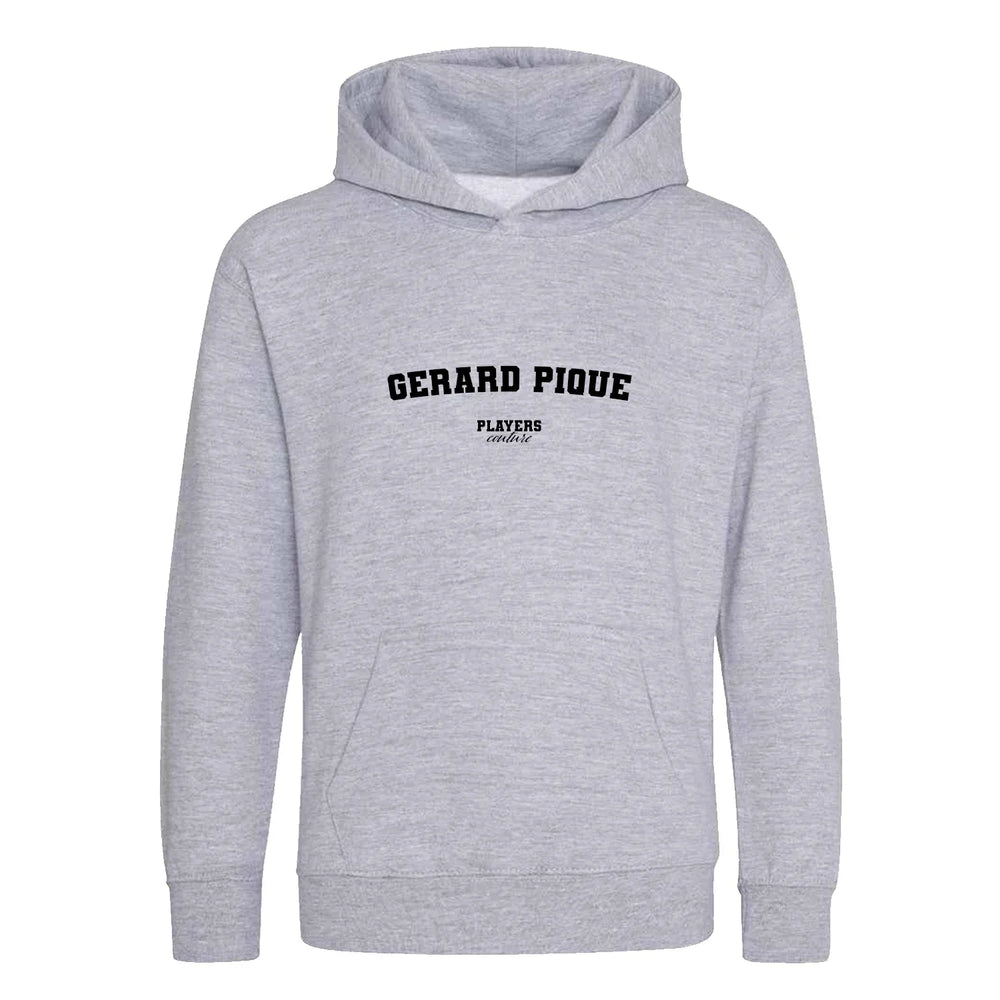 Gerard Pique hoodie – grey kids' hoodie with black Gerard Pique letters and Players Couture logo on the chest