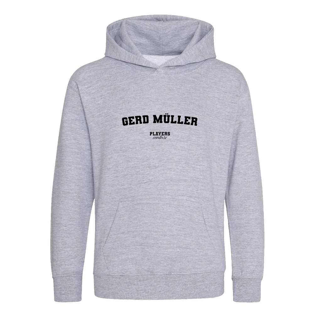 Gerd Müller hoodie – grey kids' hoodie with black Gerd Müller letters and Players Couture logo on the chest
