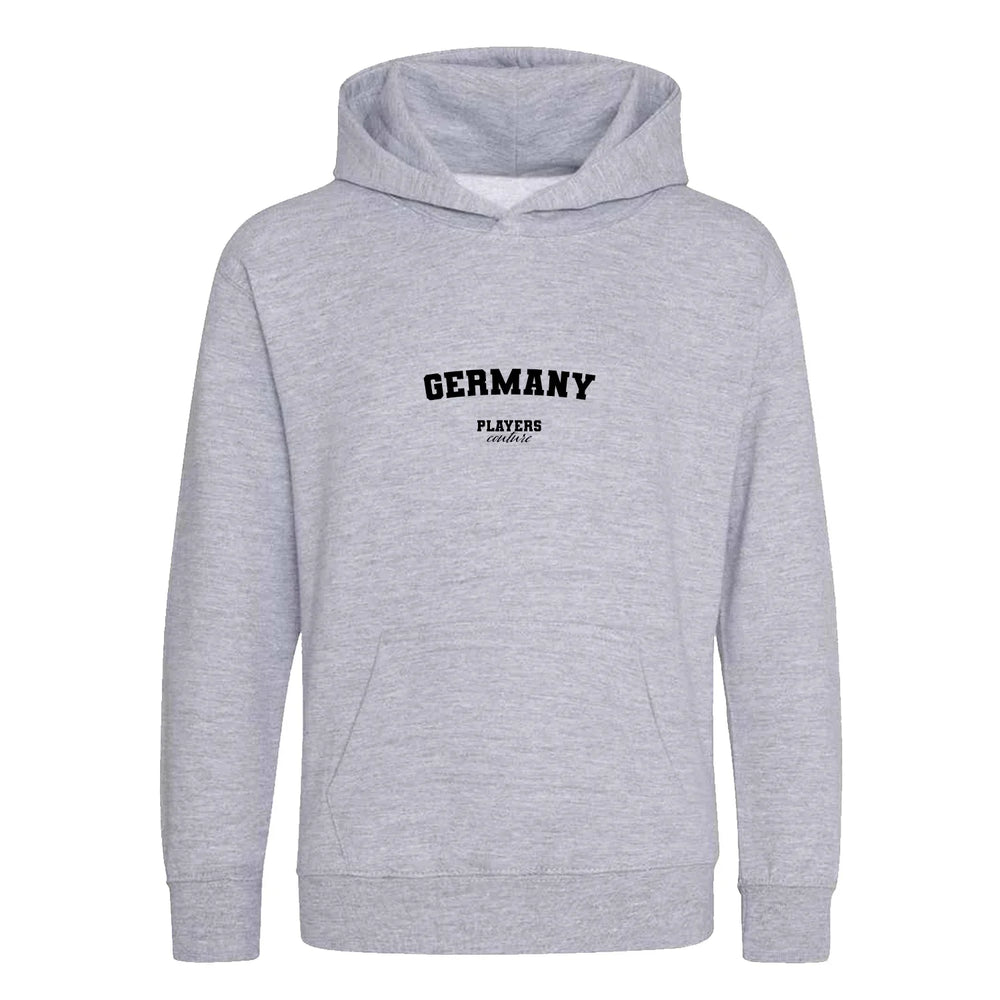 Germany hoodie – grey kids' hoodie with black Germany letters and Players Couture logo on the chest