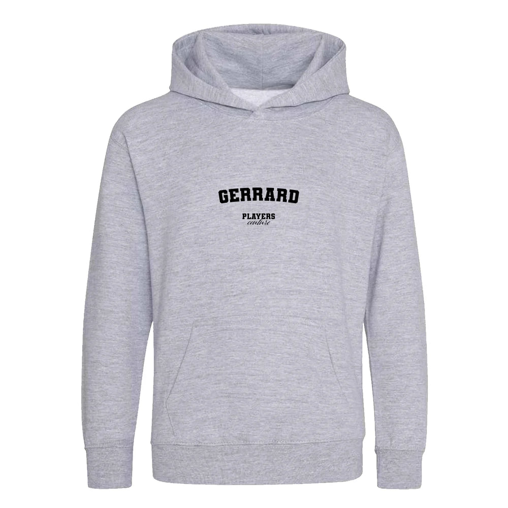 Gerrard hoodie – grey kids' hoodie with black Gerrard letters and Players Couture logo on the chest