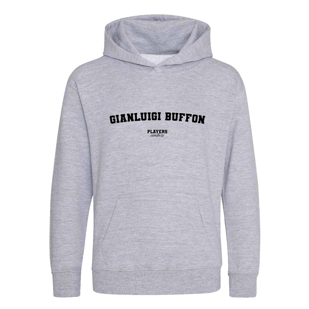 Gianluigi Buffon hoodie – grey kids' hoodie with black Gianluigi Buffon letters and Players Couture logo on the chest