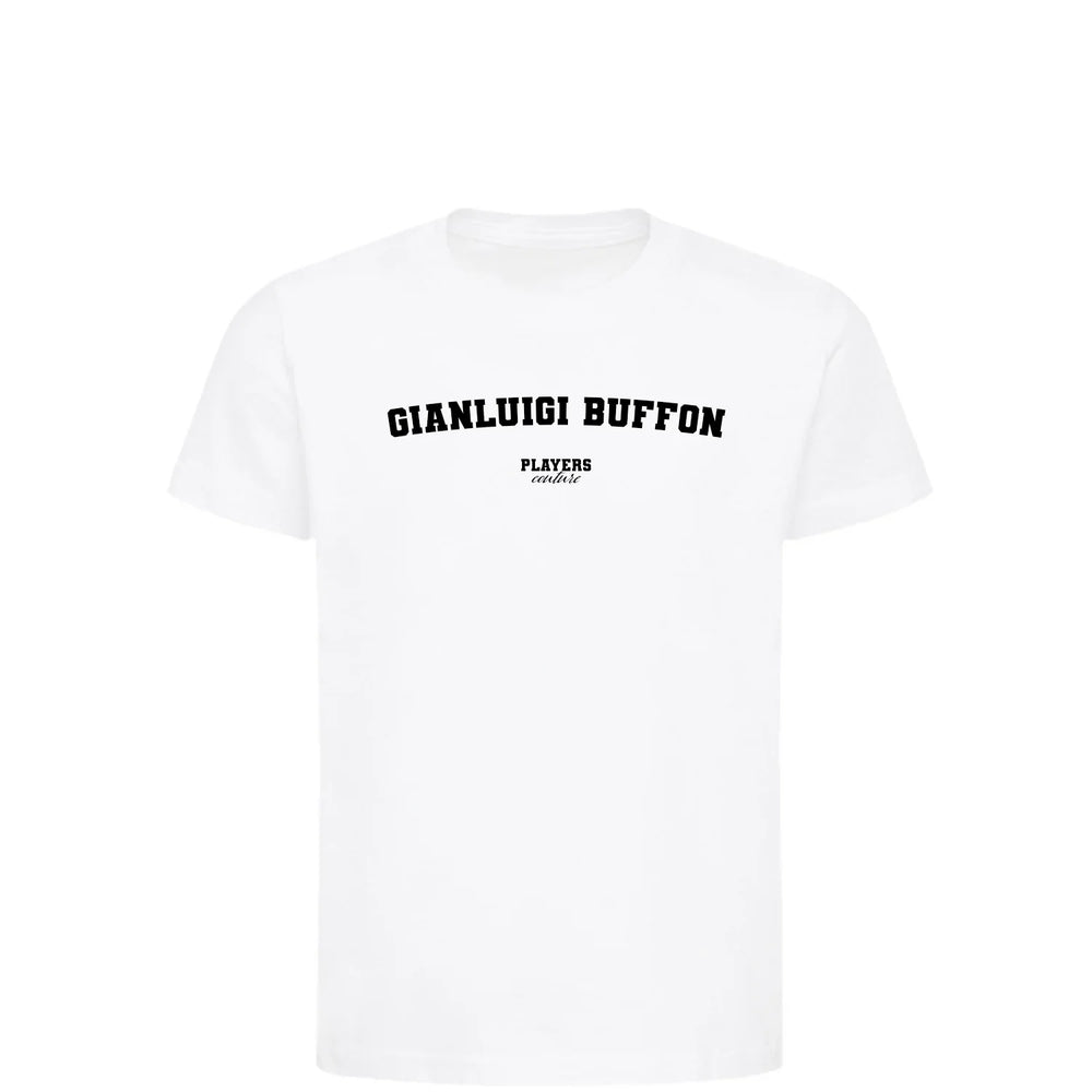 Gianluigi Buffon t-shirt – white kids' t-shirt with black Gianluigi Buffon letters and Players Couture logo on the chest
