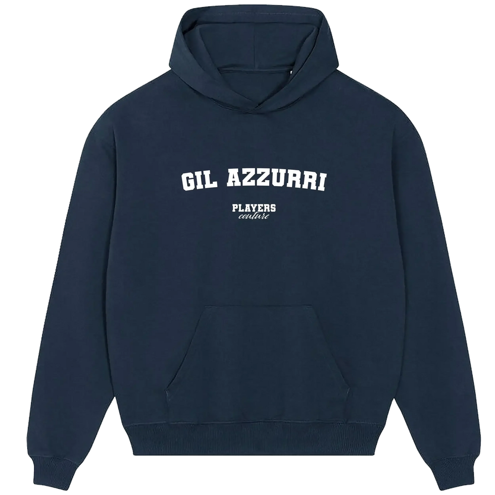 Gil Azzurri hoodie – navy men's hoodie with white Gil Azzurri letters and Players Couture logo on the chest