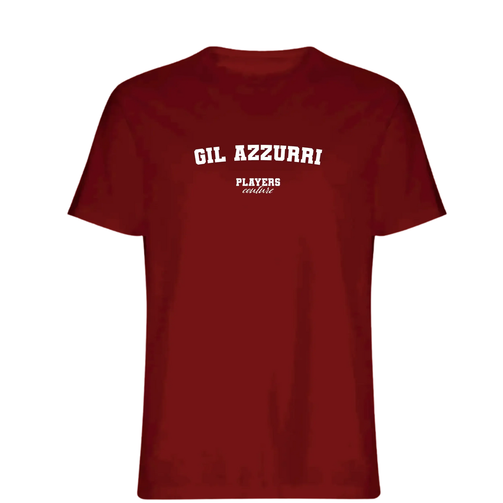 Gil Azzurri t-shirt – red men's t-shirt with white Gil Azzurri letters and Players Couture logo on the chest