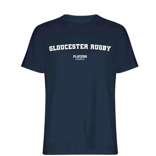 Gloucester Rugby t-shirt – navy men's t-shirt with white Gloucester Rugby letters and Players Couture logo on the chest