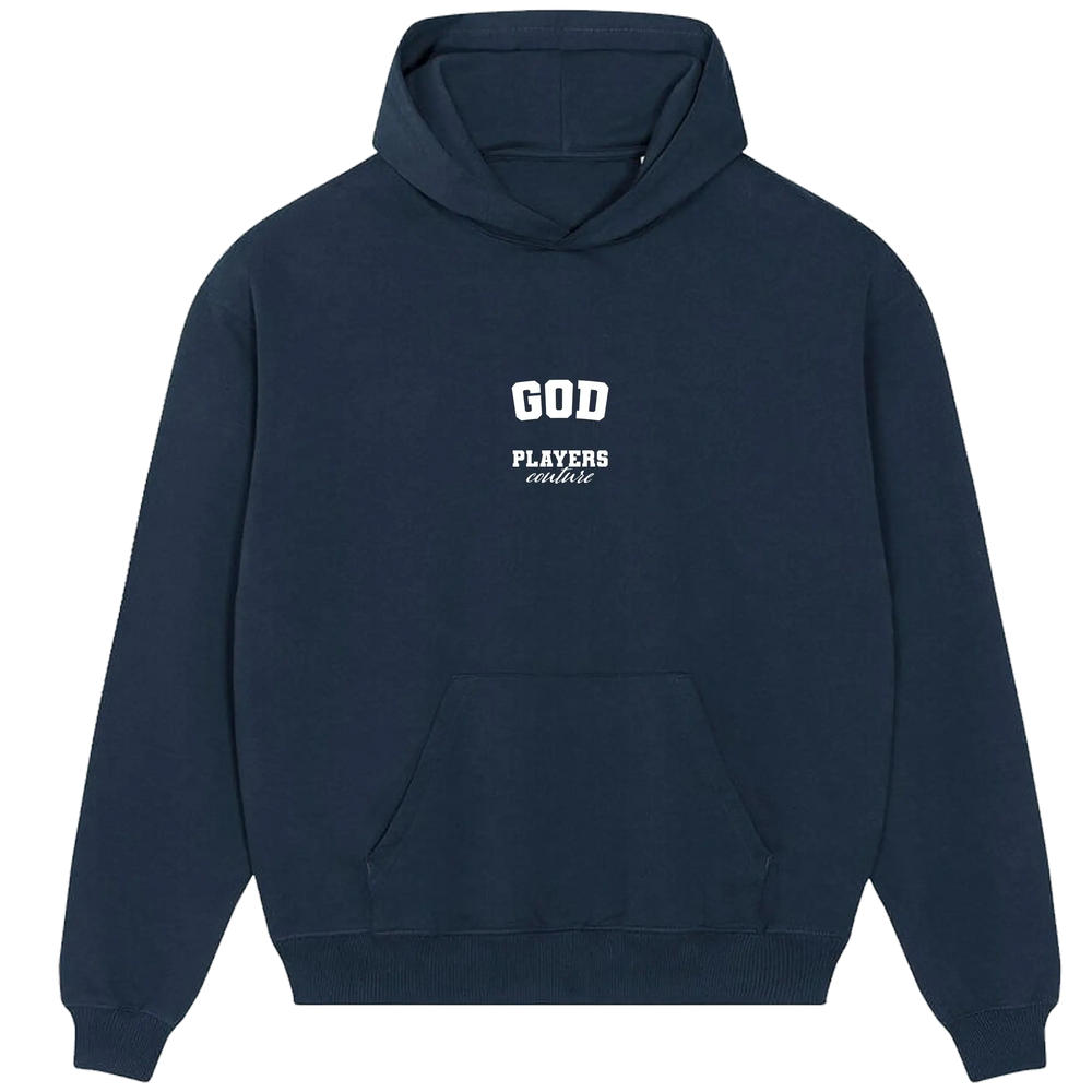 Navy blue Players Couture men's casual hoodie with 'GOD' and logo on chest, sports fashion