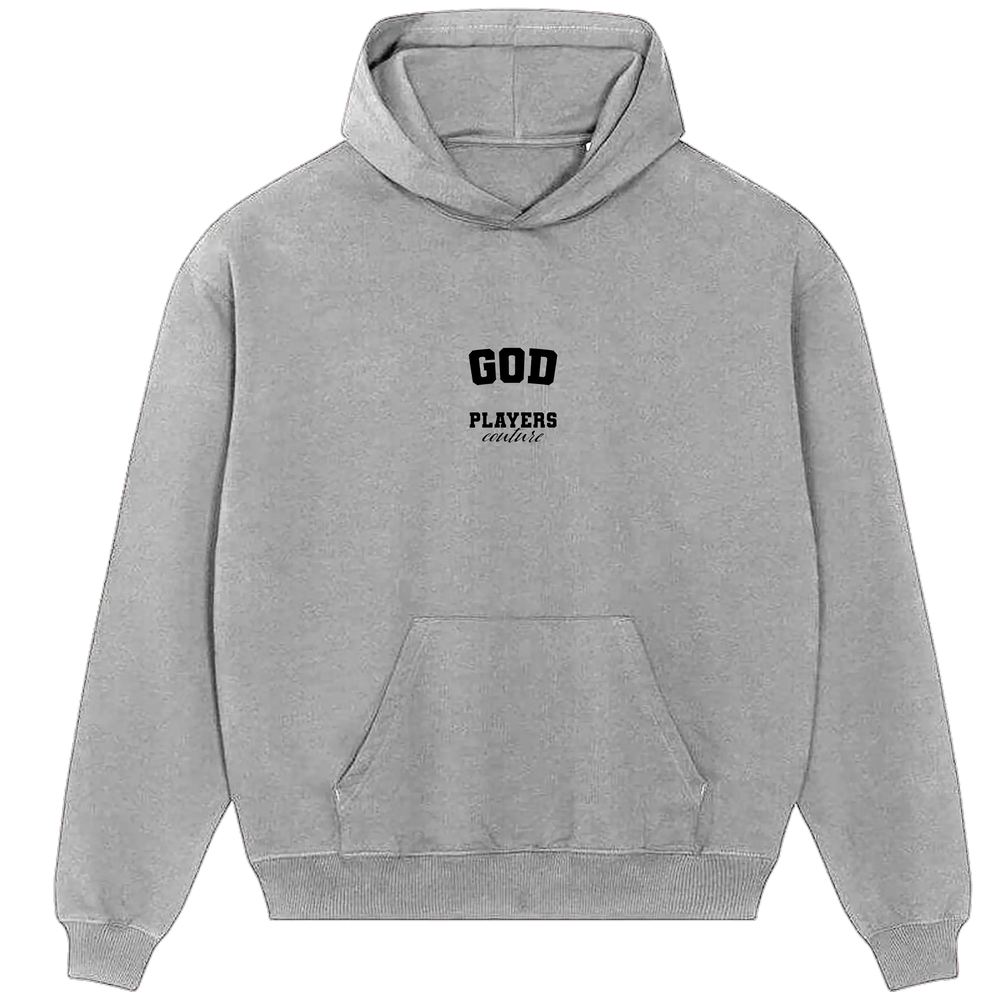 Gray Players Couture men's casual hoodie with 'GOD' text and front pocket, premium sports fashion